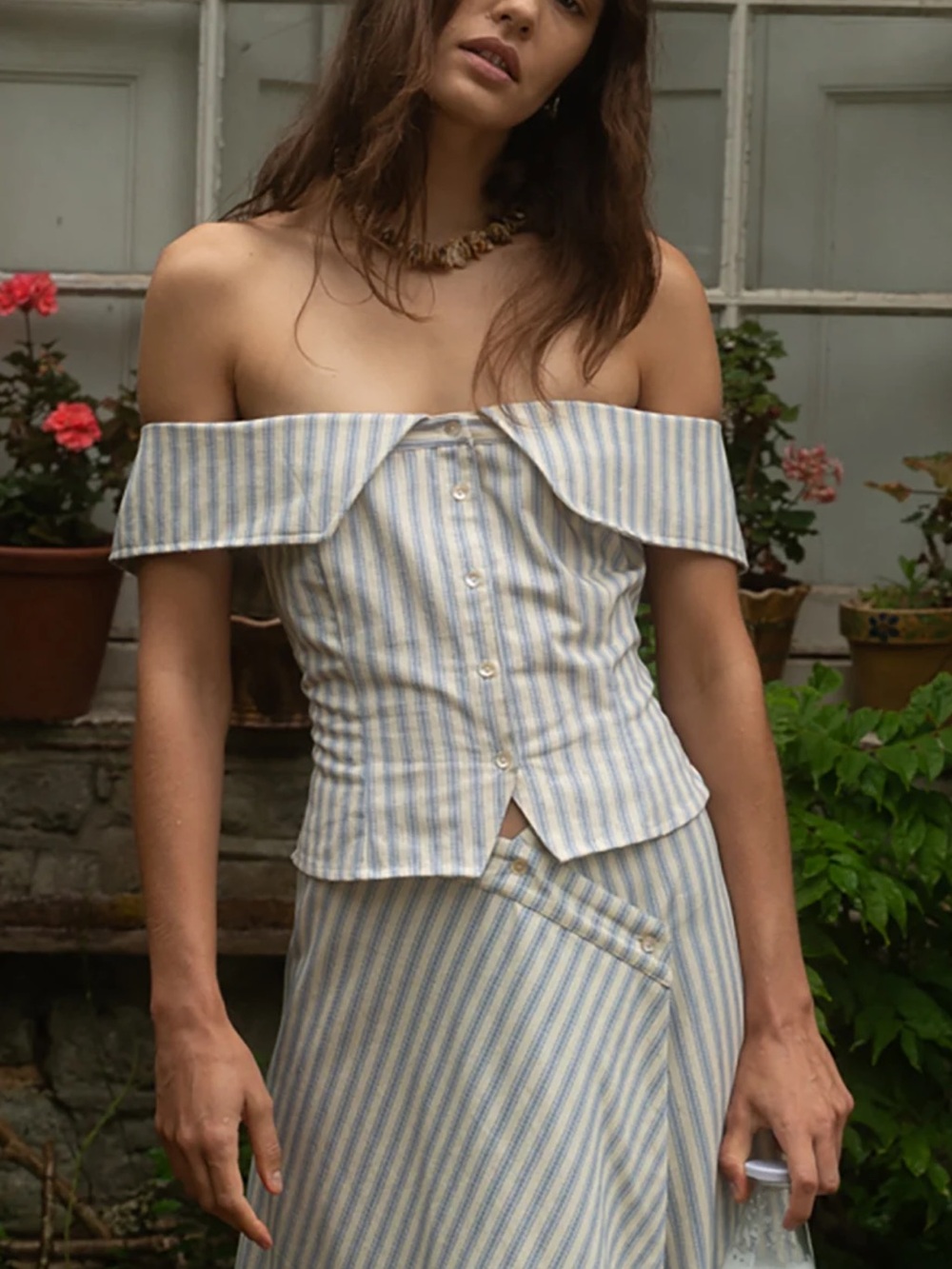Muse Assembly - Hazel Off-the-Shoulder Top Eggshell Stripe XS